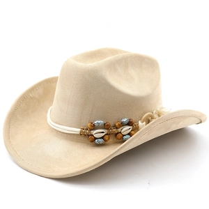 Detail of khaki Western cowboy hat with handcrafted ethnic beads and shell headband