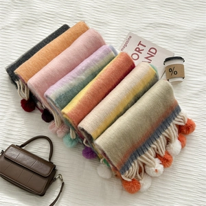Rainbow Striped Winter Scarf Mohair Feel Warm Long Chic Pompoms Knit Shawl For Women Trendy Accessory