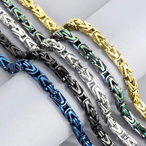 Detailed close-up of Byzantine chains in gold, silver, black, blue and rainbow finishes