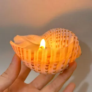 Close-up of a natural spiral shell scented candle with a warm flickering flame