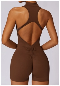 Back view of brown racerback yoga bodysuit featuring hollow-out design and ruched detail