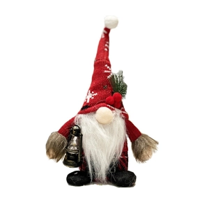 Christmas gnome plush ornament with red snowflake hat and vintage black lantern accessory