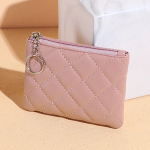Pink quilted PU leather mini coin purse with silver zipper and practical keychain ring