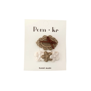 Handmade brown and cream lace hair clips set with floral and bow accents for girls