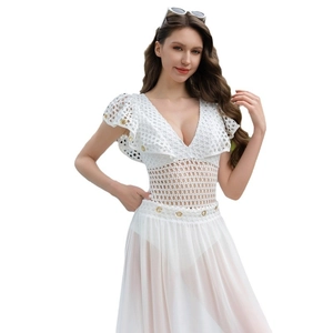 White crochet mesh swimsuit cover-up maxi dress with ruffles and gold button details