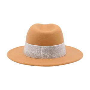 Detailed view of the camel wool fedora hat with a decorative silver glitter band and flat brim