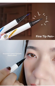 Macro view of ultra-fine sponge tip eyeliner for precise blue and black eye makeup lines
