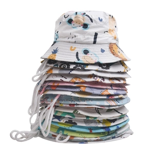 Kids cartoon sun hats with animal prints and windproof chin straps in various colors