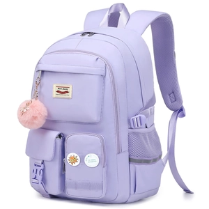 Detail view of lavender backpack featuring multi-pocket structure and decorative badges