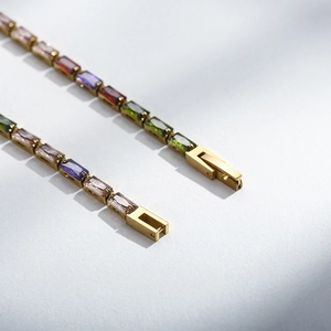 Colorful geometric square link 18K gold plated titanium necklace with fold-over clasp