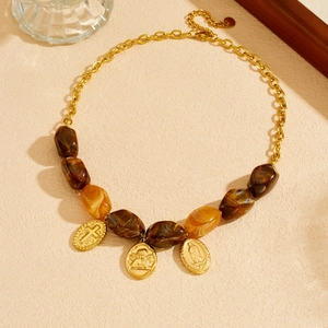 Retro gold plated chain necklace with brown beads and religious cross medals