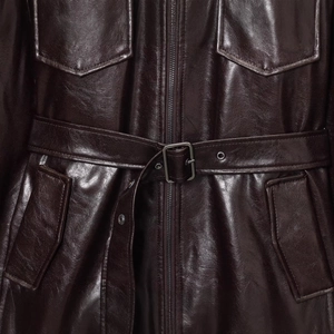 French retro burgundy faux leather coat with lapels and belted waist for women