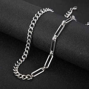 Detail shot of silver stainless steel Cuban and paperclip link splice chain necklace