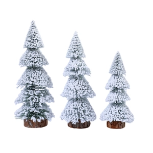 Set of 3 mini flocked cedar Christmas trees with wooden bases for tabletop decor