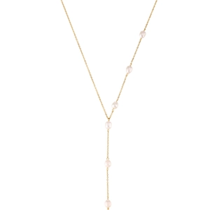 Minimalist gold Y-shaped stainless steel necklace with six white freshwater pearls
