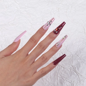 Press On Nails Coffin Long Pink Burgundy Glossy Rhinestones Metal Accents Fashionable Chic Y2K Punk Style For Women