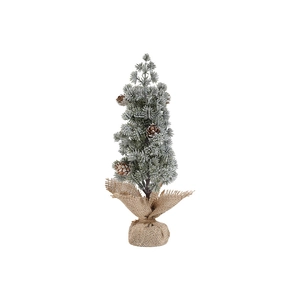 Mini tabletop snowy Christmas tree with pine cones and burlap base for holiday decor