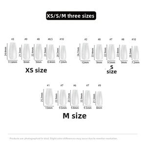 Size chart showing width and length of glitter aurora press-on nails for XS S M