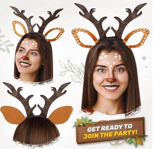 Detail view showing plush reindeer antlers and ears on a slim black headband for parties
