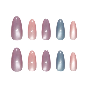 Handmade pearlescent metallic almond press-on nails in pastel purple and pink tones