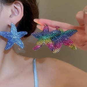 Detailed close-up of crystal starfish pendant earrings featuring colorful rhinestones