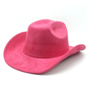 Detail of hot pink faux suede cowboy hat showing fine stitching on the wide curved brim