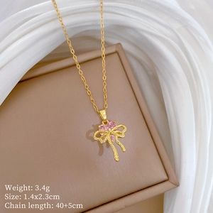 Detail of pink crystal heart bow necklace with product size and weight parameters