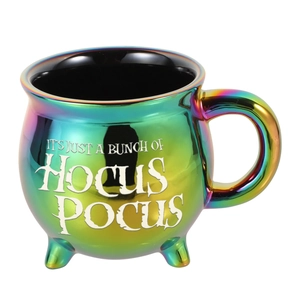 Rainbow plated ceramic cauldron mug with Hocus Pocus text on high-quality white background