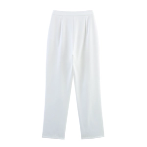 Front view of elegant white high-waisted tailored trousers with pleat details