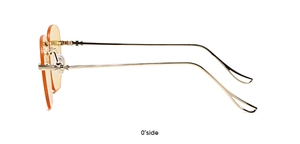 Detail of rimless orange gradient sunglasses with gold metal temples and cross emblem