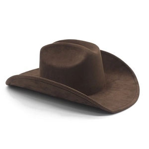 Detail of dark brown suede cowboy hat texture with classic wide rolled brim and fedora crown