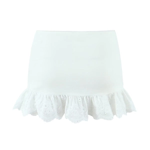 Mini gonna bianca chic da donna con pizzo ricamato traforato ed elegante vita alta