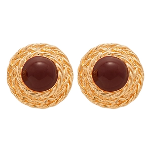 Vintage gold wheat pattern round stud earrings with deep red resin stone inlay