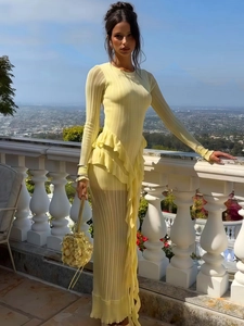 Robe longue plissée jaune élégante avec volants et manches longues pour femme