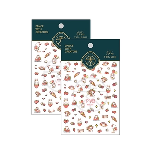 Cute cartoon nail stickers featuring strawberry bunnies and flowers on matte adhesive sheets