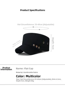 Detail view of black flat top military cap with side metal buttons and size parameters