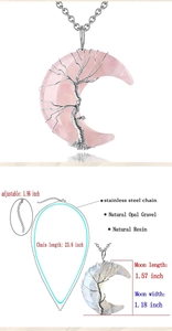 Detailed size chart for crescent moon tree of life necklace with stainless steel chain