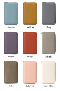 Litchi texture genuine leather zip wallets shown in nine vibrant colors grid display