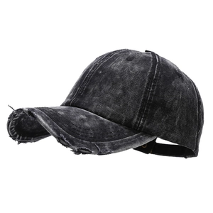 Vintage dark gray washed denim baseball cap with distressed brim and adjustable strap