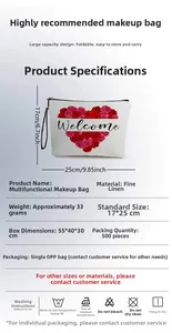 Vue détaillée de la trousse en lin avec cœur de roses et dimensions du produit