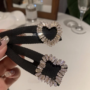 Y2K heart and square rhinestone hair clips in black and gold grosgrain ribbon