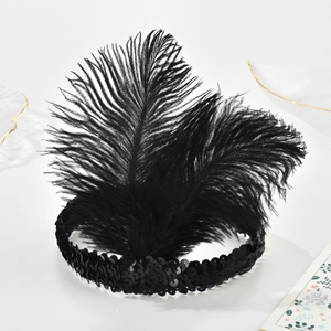 Detailed view of 1920s black feather headband with sequins on a gold plate