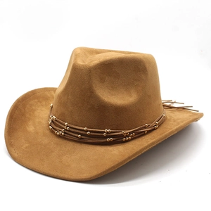Chapeau de cowboy western classique en daim marron avec cordon perlé doré et franges