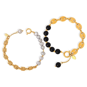 French freshwater pearl and black agate stone bracelets with K18 gold plated chain links
