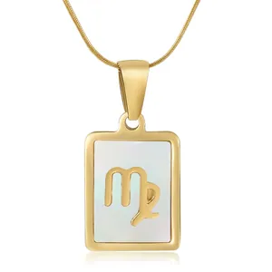 Twelve Constellations Necklace 18K Gold Plated Stainless Steel Rectangular Shell Inlay Pendant Snake Chain Women Jewelry