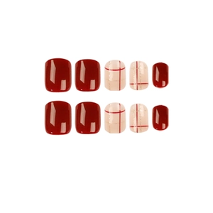 Deep burgundy and cream plaid press-on nails set with elegant glossy finish for women