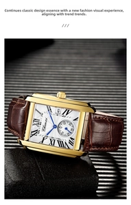 Detail of square gold case with Roman numerals and brown leather strap on a textured surface