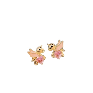 Golden unicorn stud earrings with pink enamel wings and a heart-shaped zircon gem