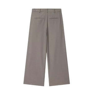 Back view of gray straight-leg dress trousers featuring rear welt pockets and belt loops