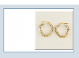 Detailed view of 18K gold plated heart earrings with size specs and crystal inlay